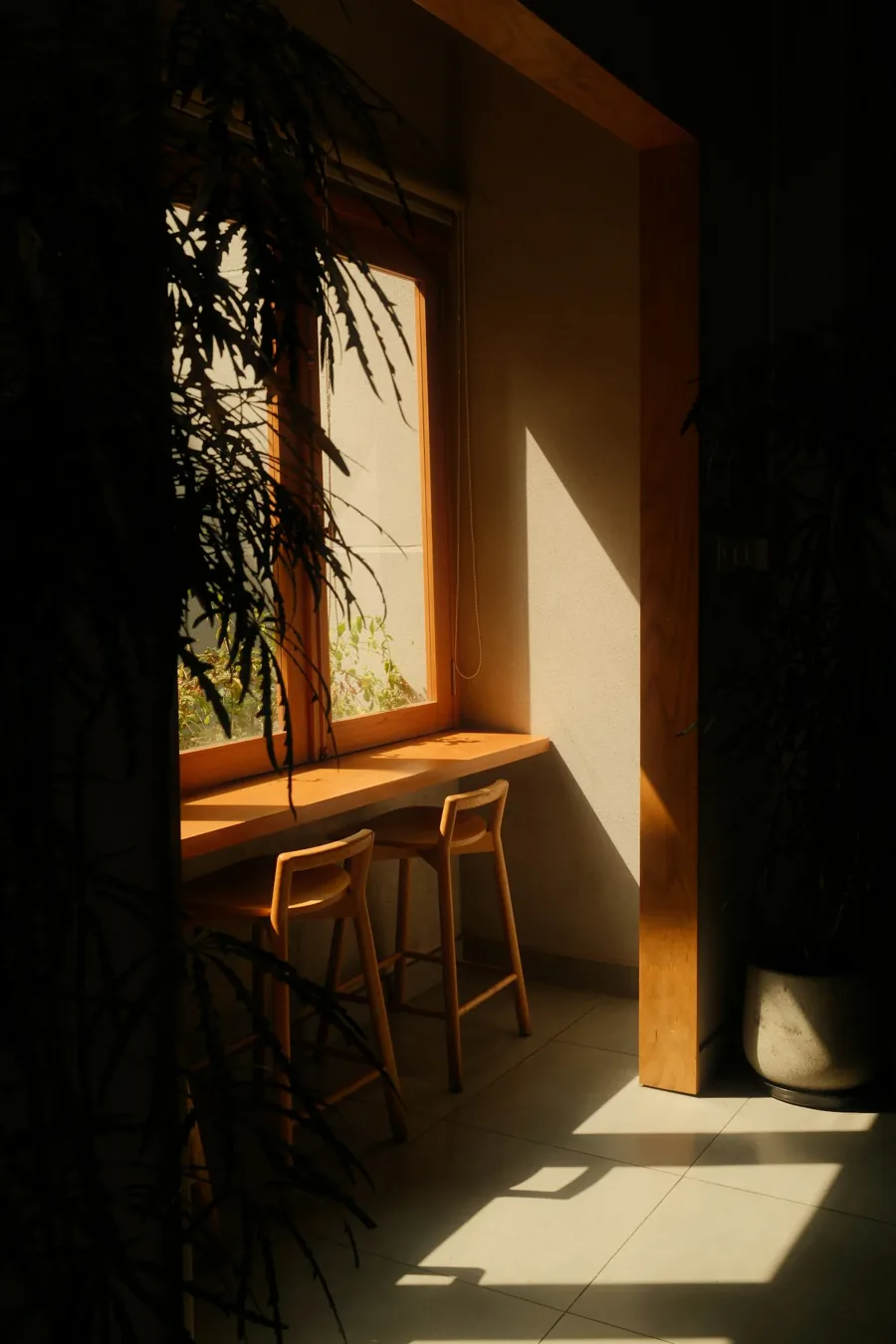 Warm sunlight falling across a quiet café counter and stools